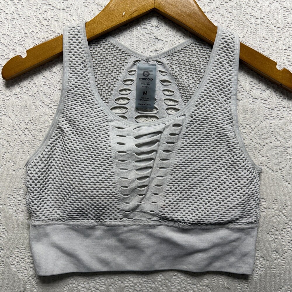 Mono B Sports Bra Womens Medium Gray Mesh Cutout Racerback Athletic AT2249